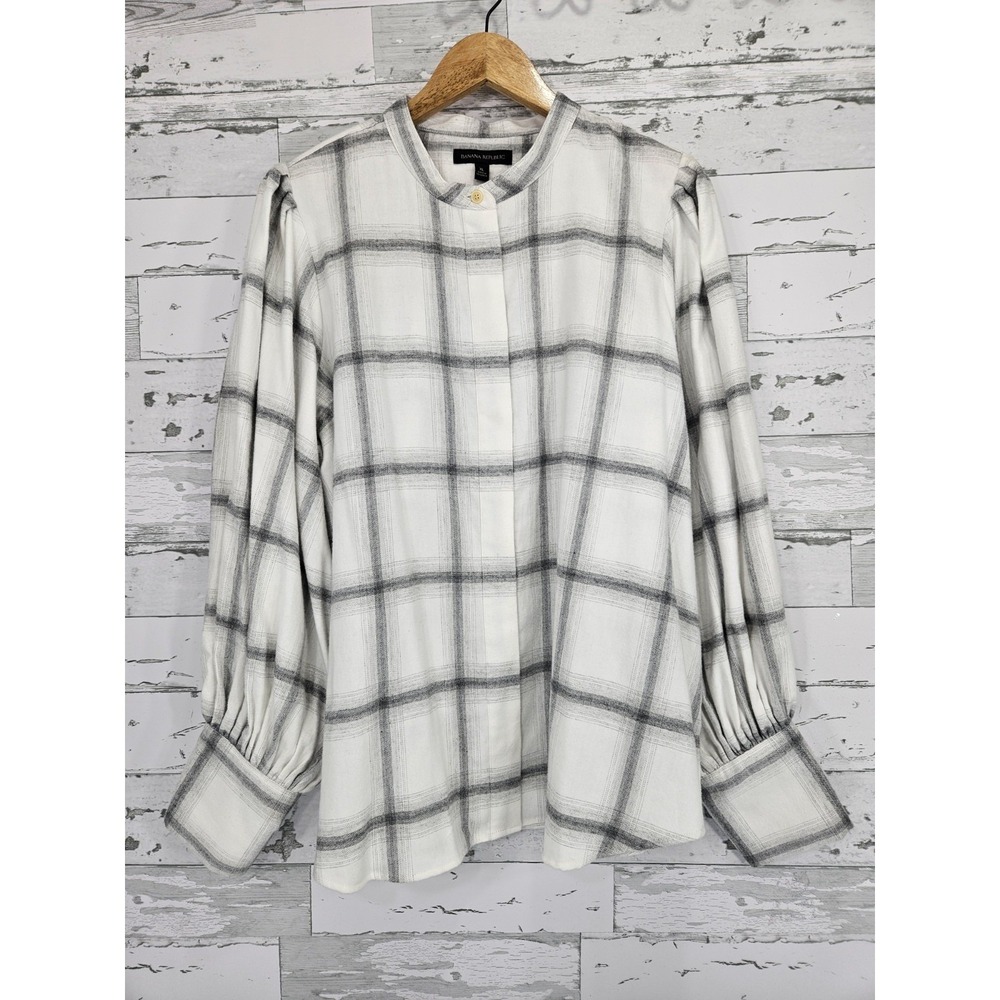 Banana Republic Womens XL White Grey Plaid Cotton Band Collar Puff Sleeve Blouse